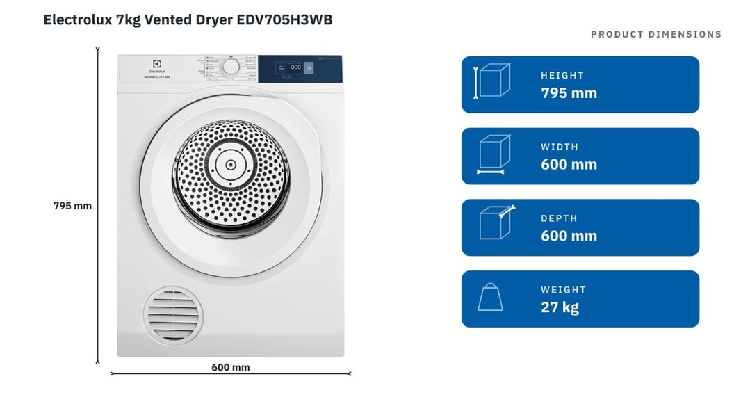Electrolux 7kg Vented Dryer EDV705H3WB — product dimensions