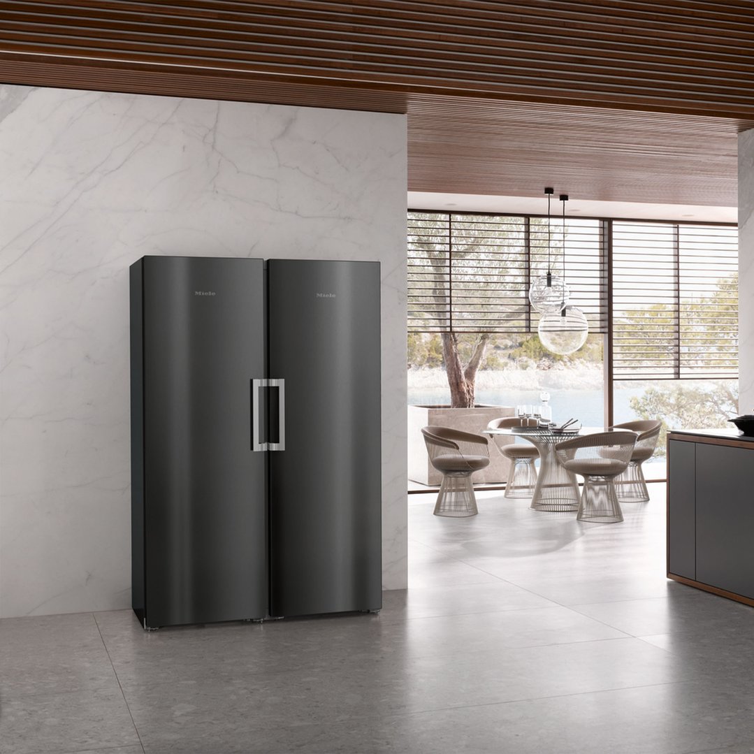 Two black steel fridges in a modern kitchen with a view