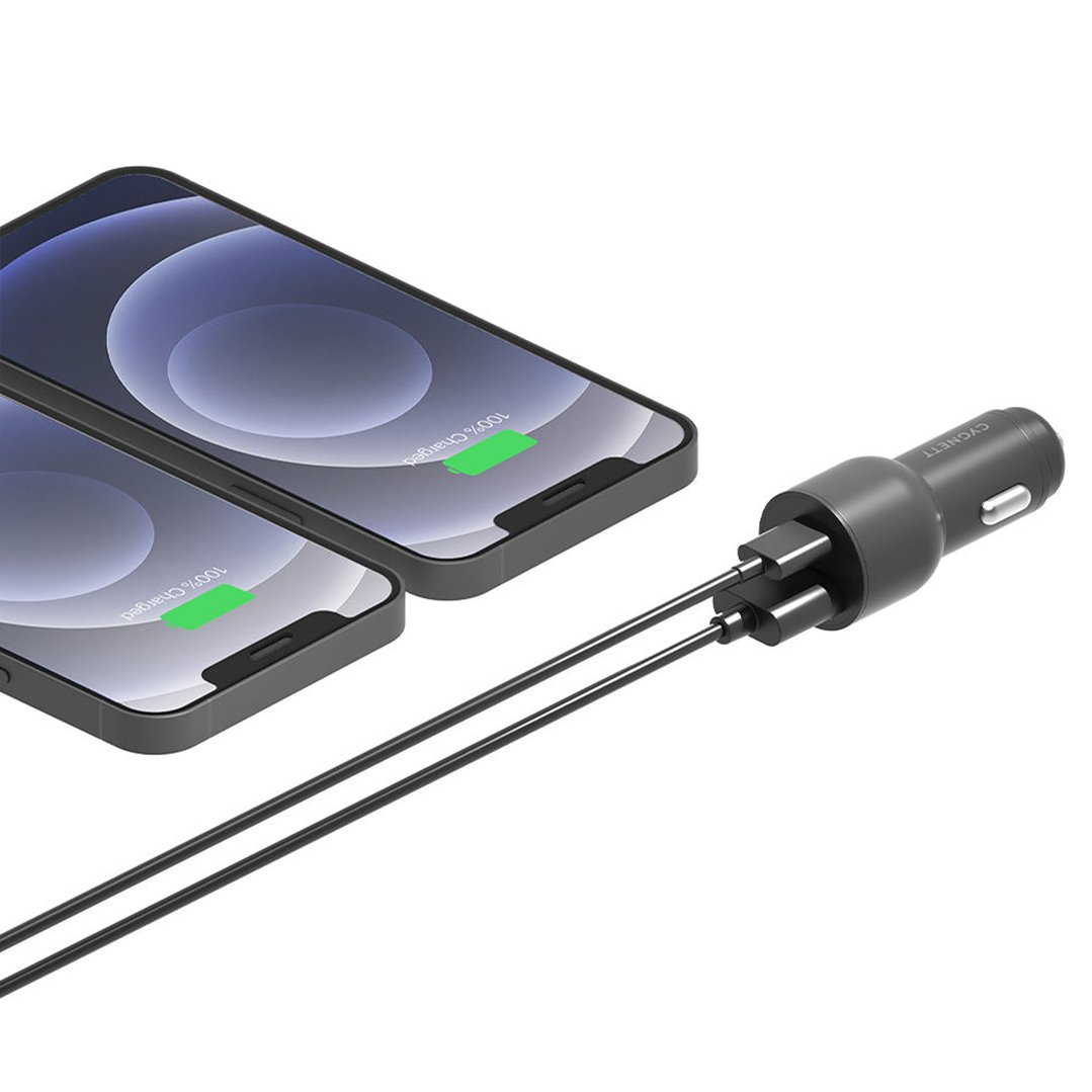 Two smartphones charging from a dual port car charger