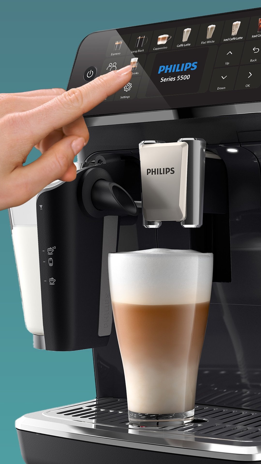 Hand touching the screen of a Philips Series 5500 Fully Automatic Espresso Machine