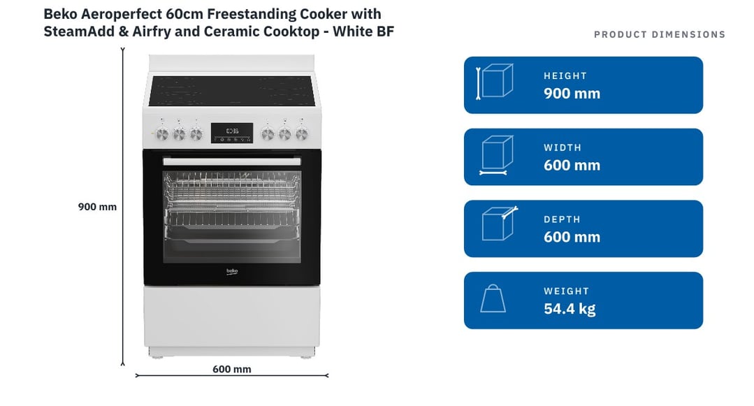 Beko Aeroperfect 60cm Freestanding Cooker with SteamAdd & Airfry and Ceramic Cooktop - White BFCB60VMW