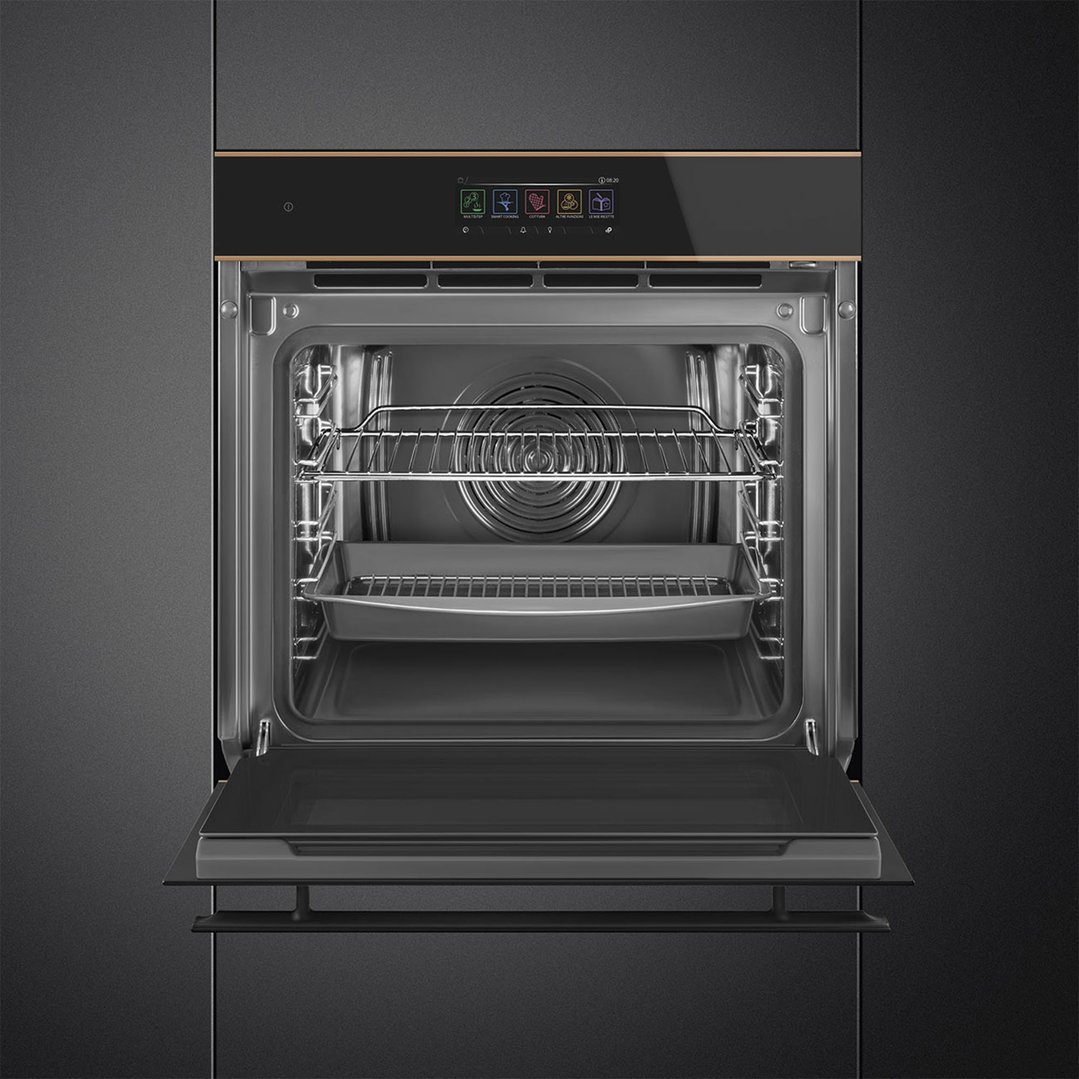 Built-in oven with door open, showing interior racks and control panel