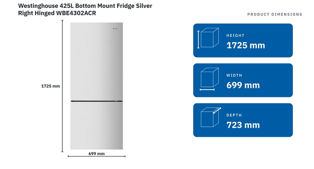 Westinghouse 425L Bottom Mount Fridge Silver Right Hinged WBE4302ACR — product dimensions