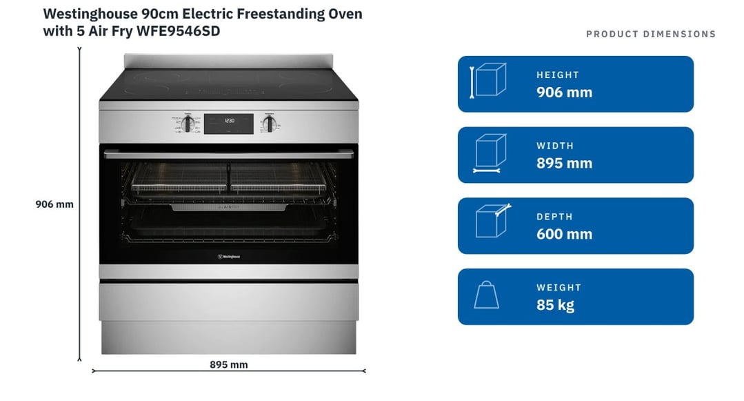 Westinghouse 90cm Electric Freestanding Oven with 5 Air Fry WFE9546SD — product dimensions