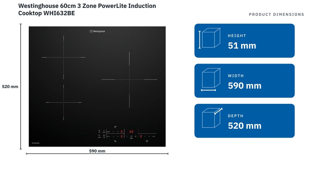 Westinghouse 60cm 3 Zone PowerLite Induction Cooktop WHI632BE