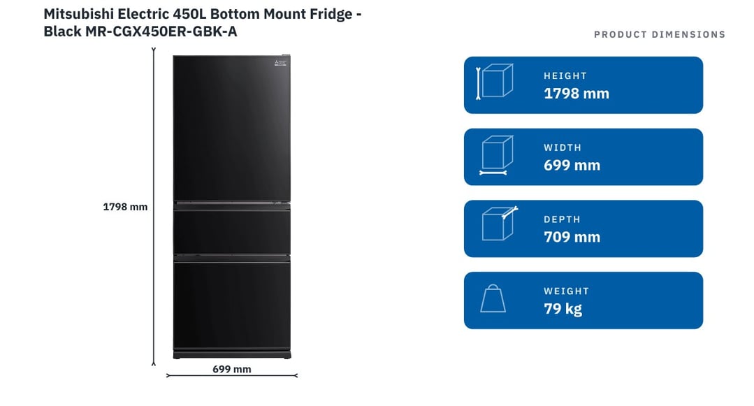 Mitsubishi Electric 450L Bottom Mount Fridge - Black MR-CGX450ER-GBK-A