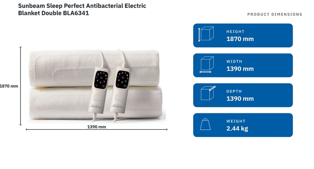 Sunbeam Sleep Perfect Antibacterial Electric Blanket Double BLA6341 — product dimensions
