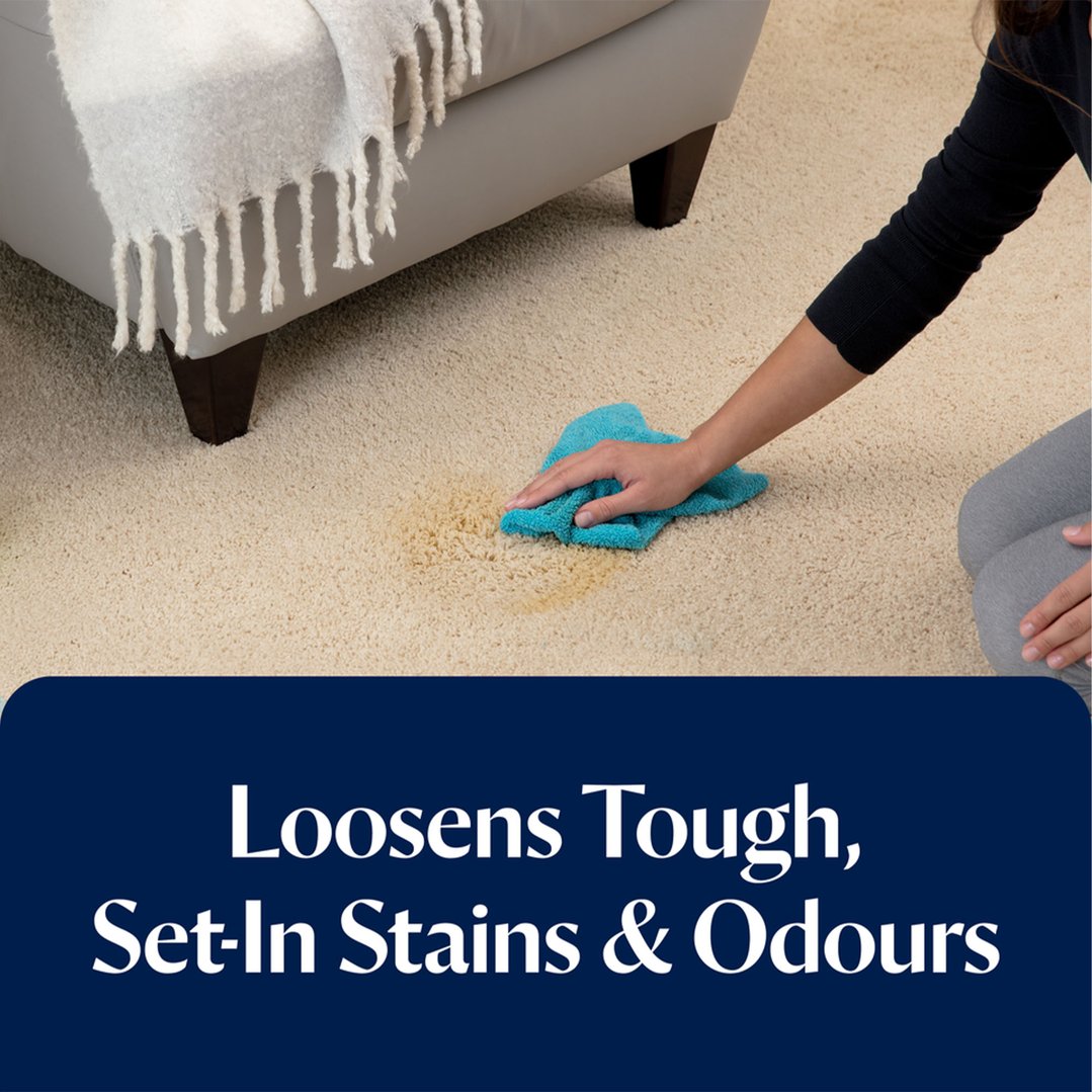 Person cleaning a stain on a carpet with a blue cloth