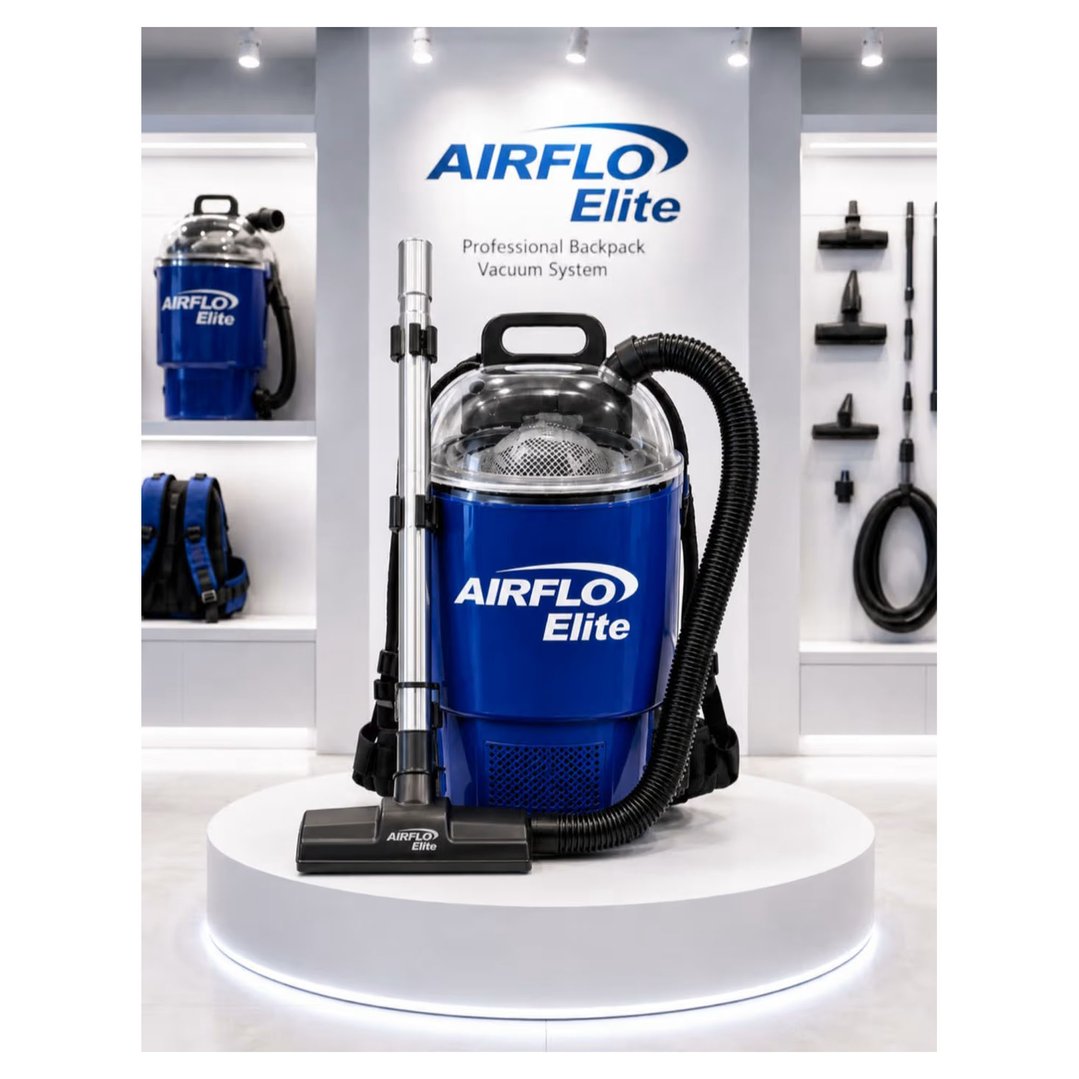 Blue backpack vacuum cleaner displayed on a white pedestal in a showroom