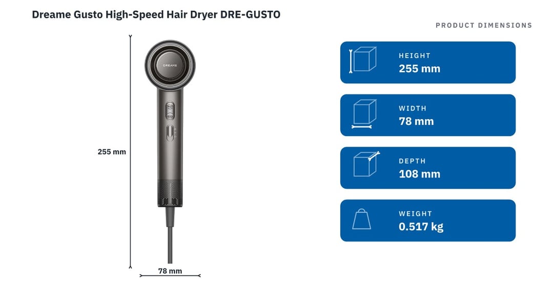 Dreame Gusto High-Speed Hair Dryer DRE-GUSTO — product dimensions