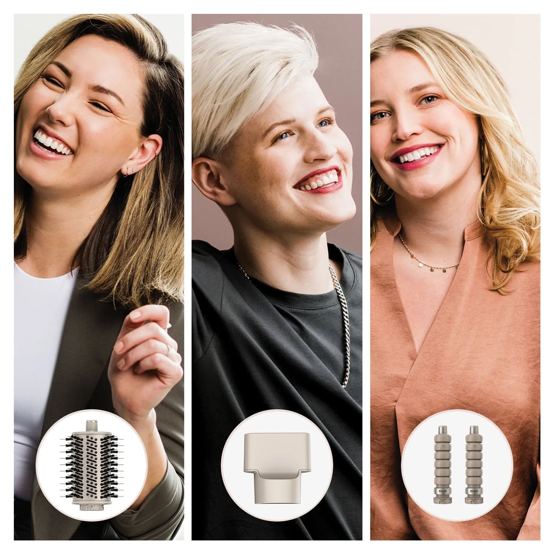 Three women smiling, each with a different Shark FlexStyle hairStyler attachment