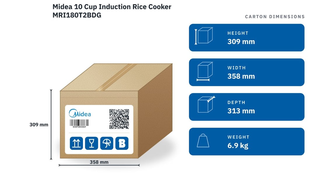 Midea 10 Cup Induction Rice Cooker MRI180T2BDG — packaged dimensions
