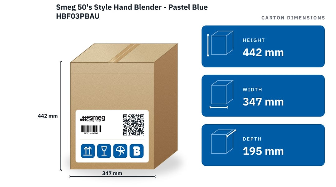 Smeg 50's Style Hand Blender - Pastel Blue HBF03PBAU — packaged dimensions