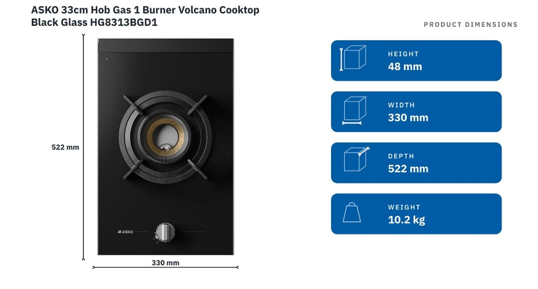 ASKO 33cm Hob Gas 1 Burner Volcano Cooktop Black Glass HG8313BGD1 — product dimensions