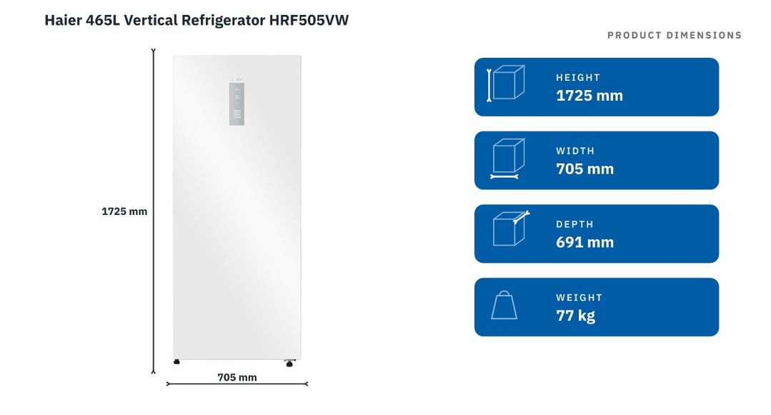 Haier 465L Vertical Refrigerator HRF505VW — product dimensions