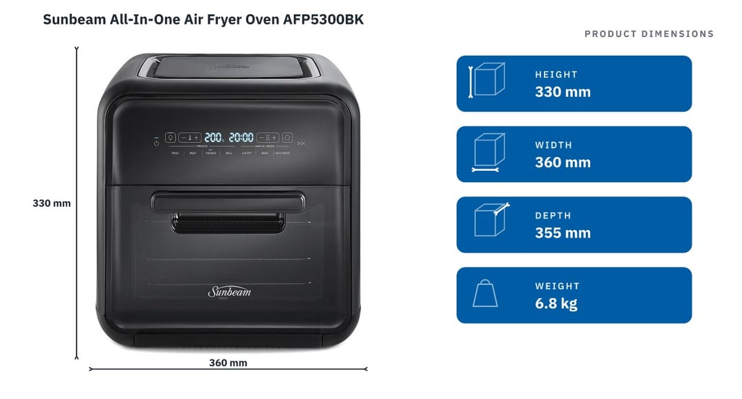 Sunbeam All-In-One Air Fryer Oven AFP5300BK — product dimensions