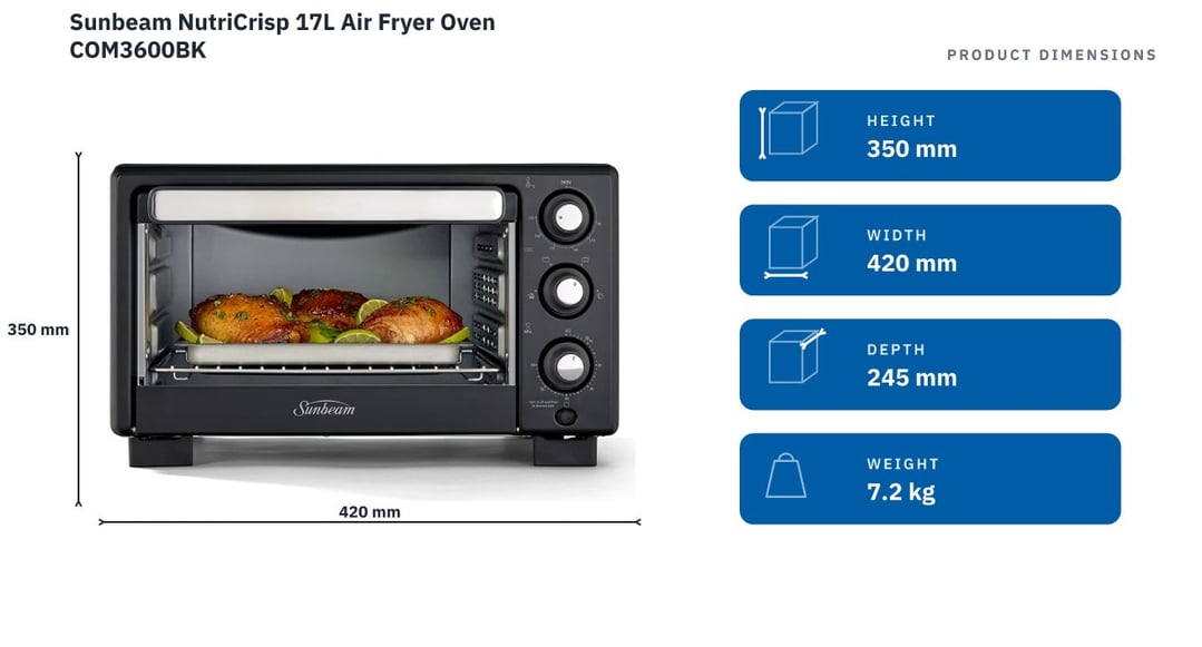 Sunbeam NutriCrisp 17L Air Fryer Oven COM3600BK — product dimensions
