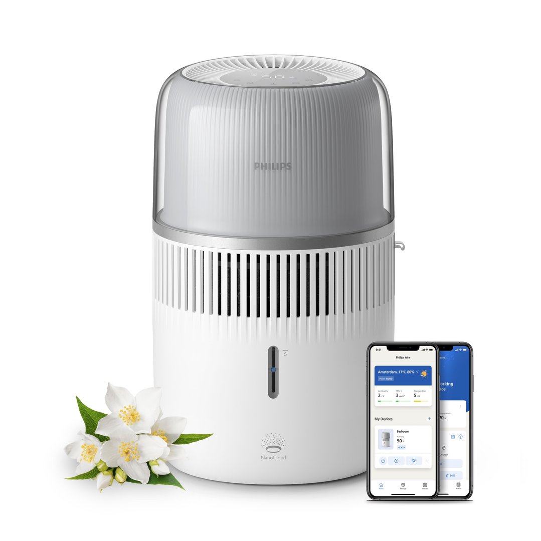 Philips Series 5000 Evaporative Humidifier with jasmine flowers and app screens