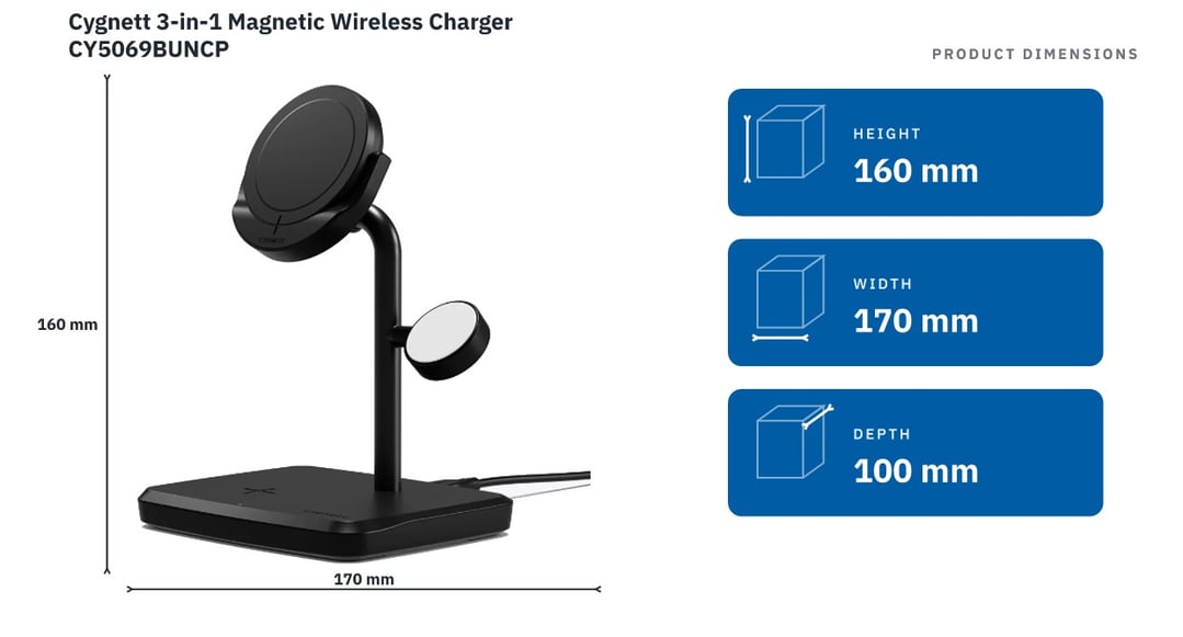 Cygnett 3-in-1 Magnetic Wireless Charger CY5069BUNCP — product dimensions