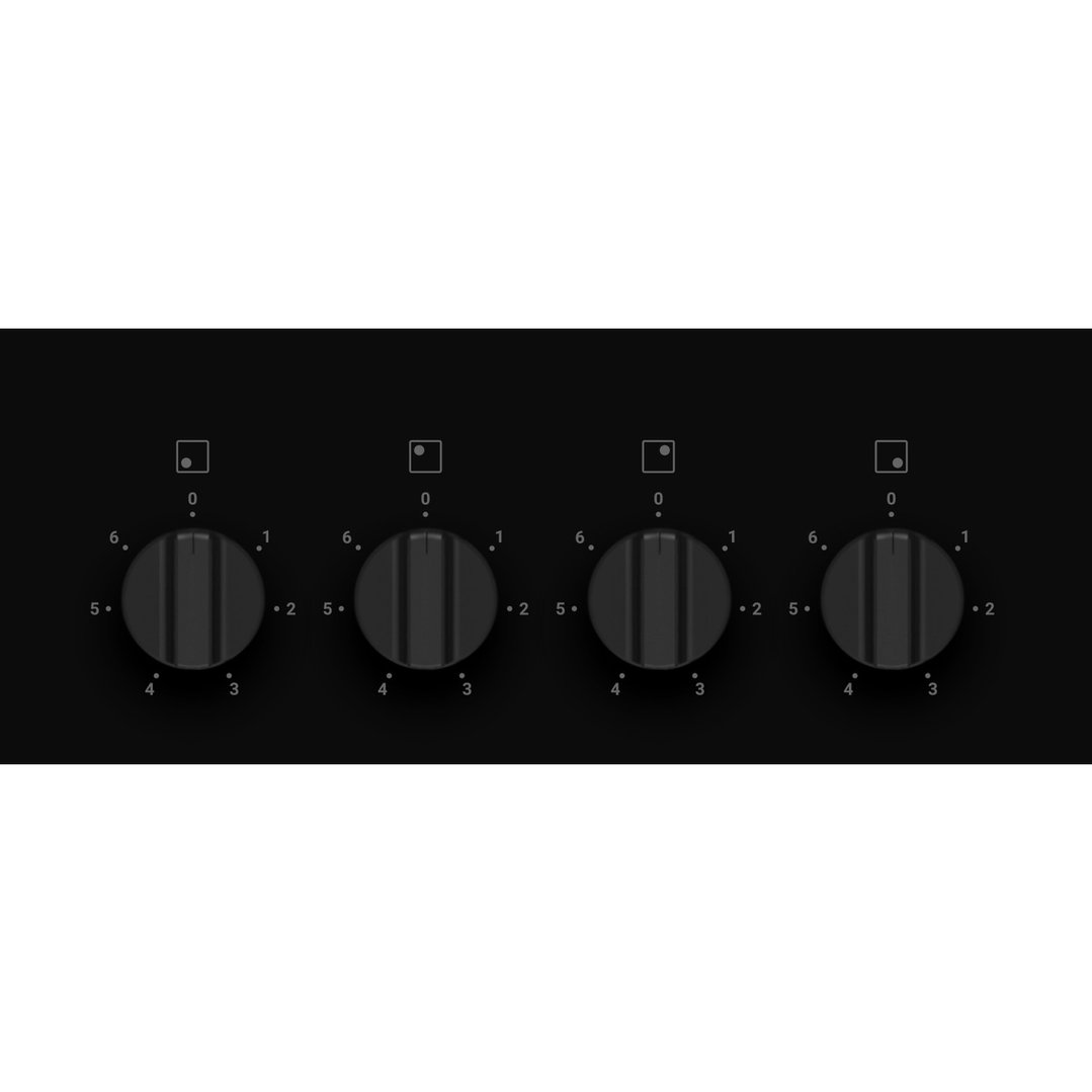 Close up of the control knobs on a black ceramic cooktop