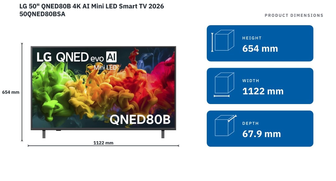 LG 50" QNED80B 4K AI Mini LED Smart TV 2026 50QNED80BSA — product dimensions