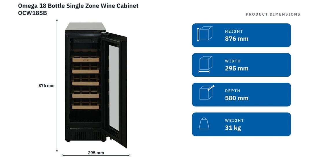 Omega 18 Bottle Single Zone Wine Cabinet OCW18SB — product dimensions