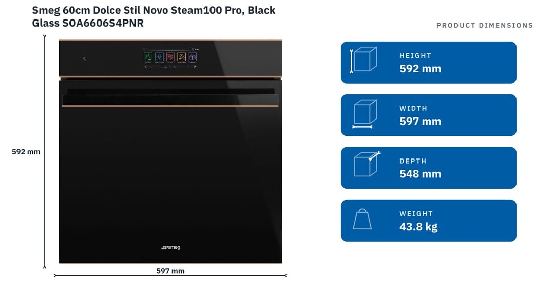 Smeg 60cm Dolce Stil Novo Steam100 Pro, Black Glass SOA6606S4PNR — product dimensions