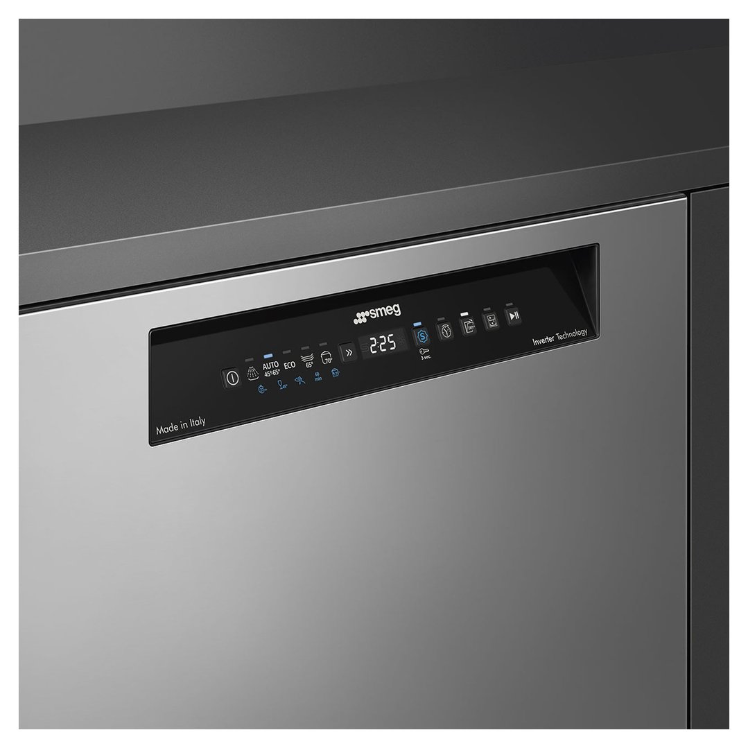 Close-up of a stainless steel dishwasher control panel with digital display