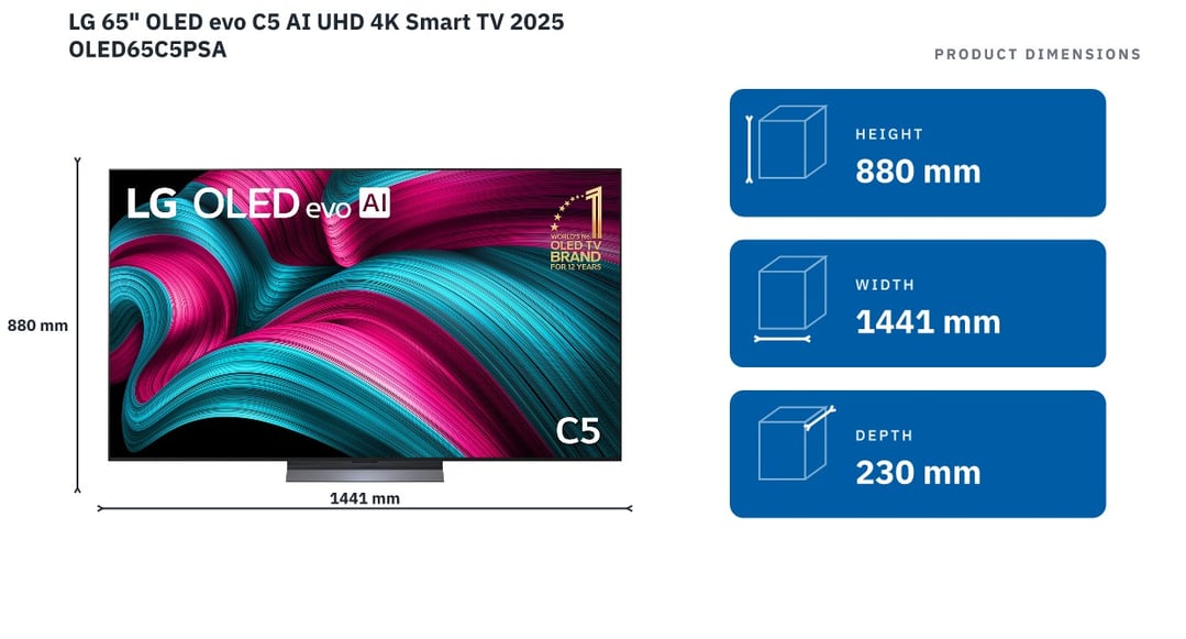 LG 65" OLED evo C5 AI UHD 4K Smart TV 2025 OLED65C5PSA — product dimensions
