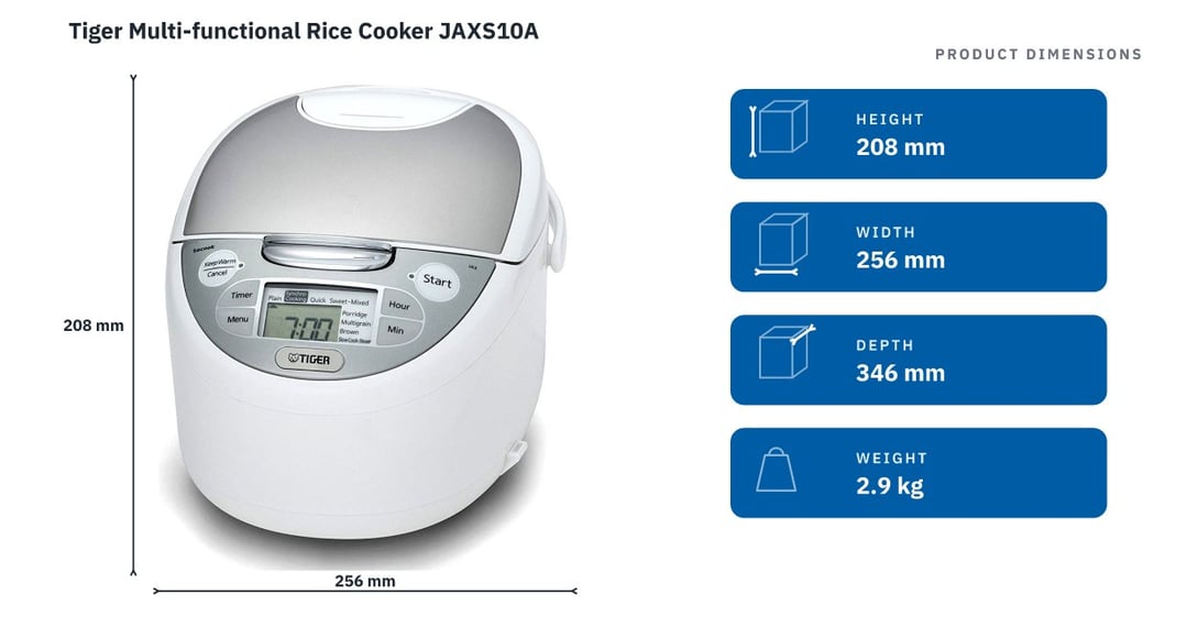Tiger Multi-functional Rice Cooker JAXS10A — product dimensions
