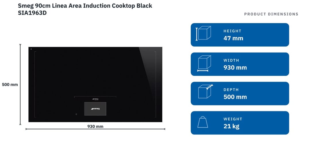 Smeg 90cm Linea Area Induction Cooktop Black SIA1963D — product dimensions