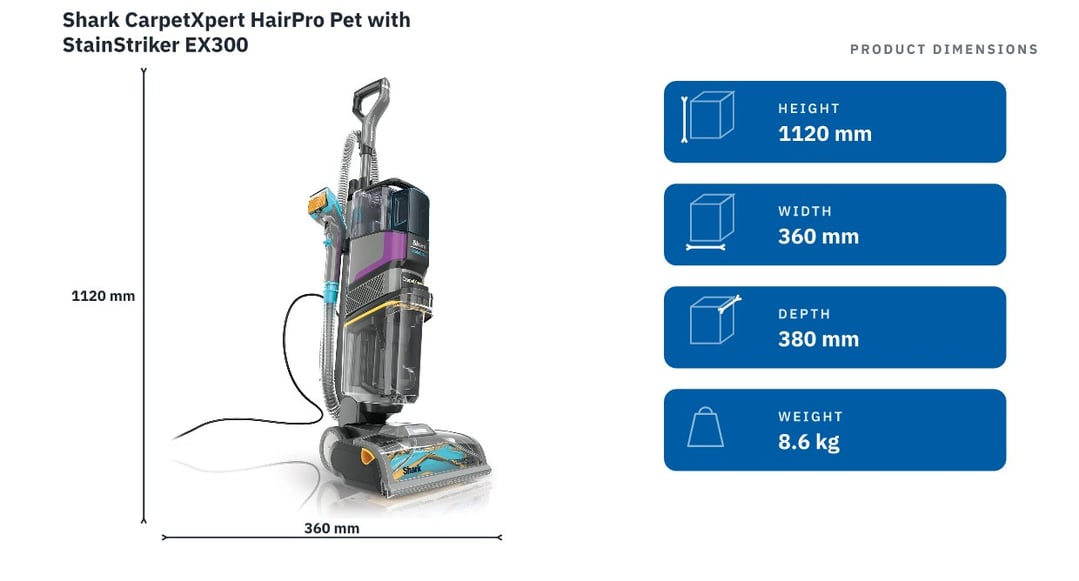 Shark CarpetXpert HairPro Pet with StainStriker EX300 — product dimensions