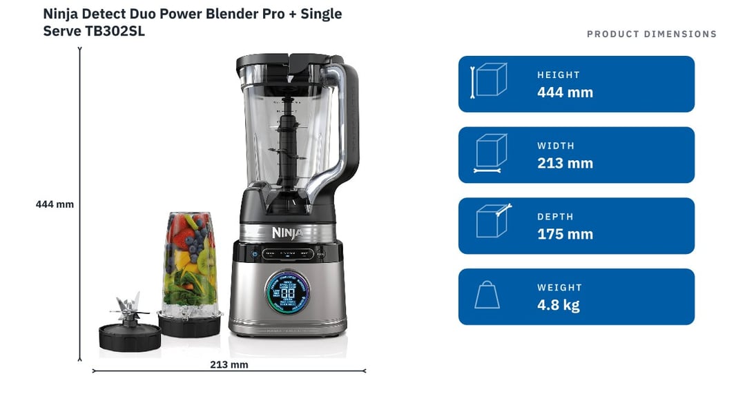 Ninja Detect Duo Power Blender Pro + Single Serve TB302SL — product dimensions