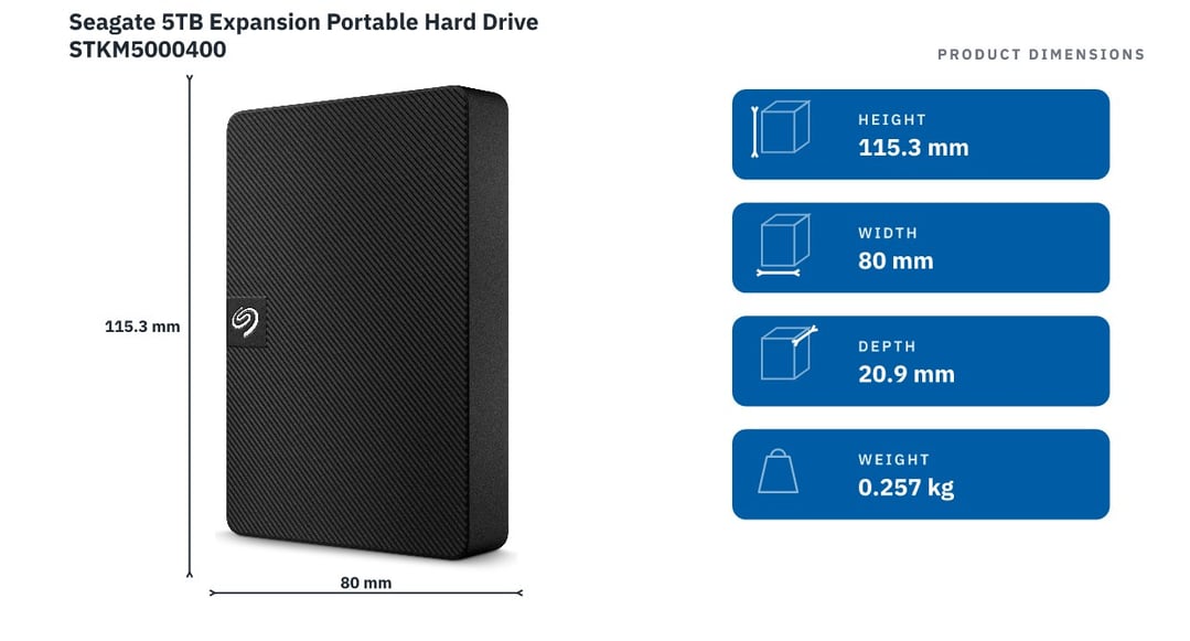 Seagate 5TB Expansion Portable Hard Drive STKM5000400 — product dimensions