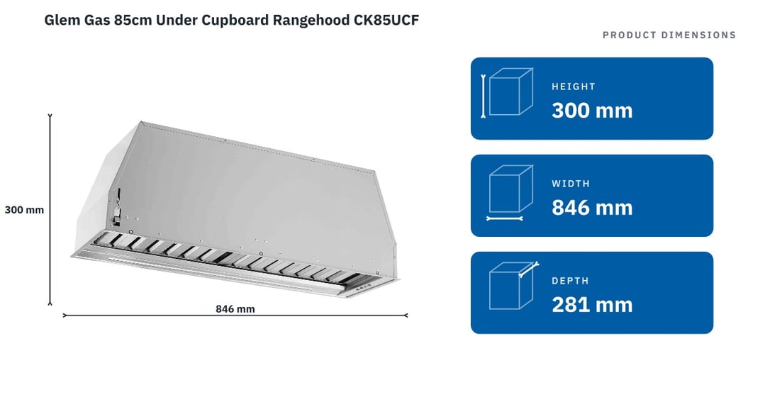 Glem Gas 85cm Under Cupboard Rangehood CK85UCF — product dimensions