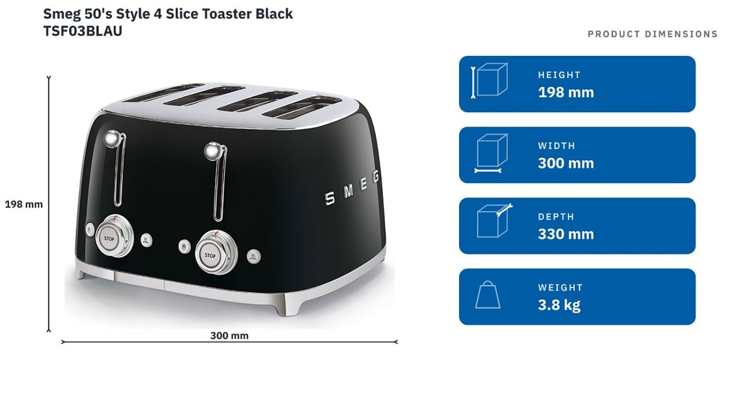 Smeg 50's Style 4 Slice Toaster Black TSF03BLAU