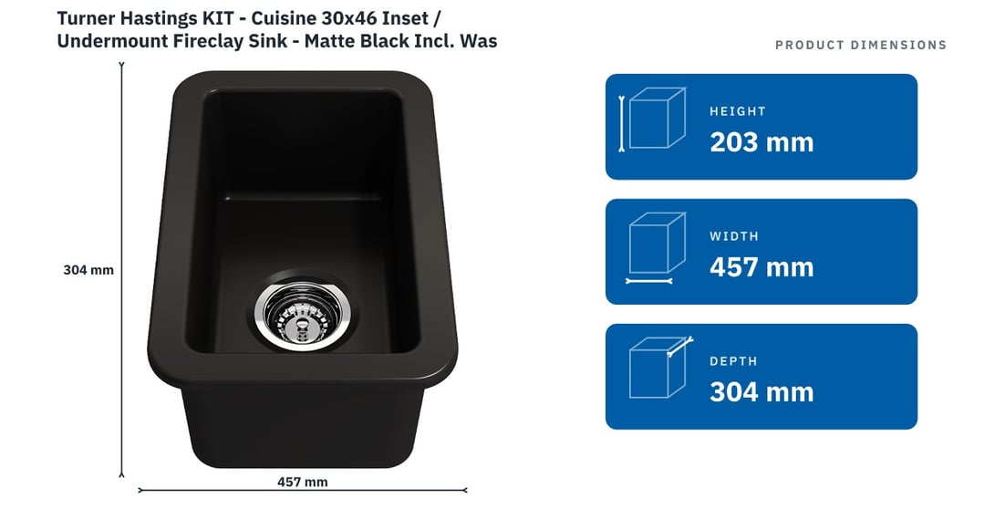 Turner Hastings KIT - Cuisine 30x46 Inset / Undermount Fireclay Sink - Matte Black Incl. Waste CU30FS-MB — product dimensions