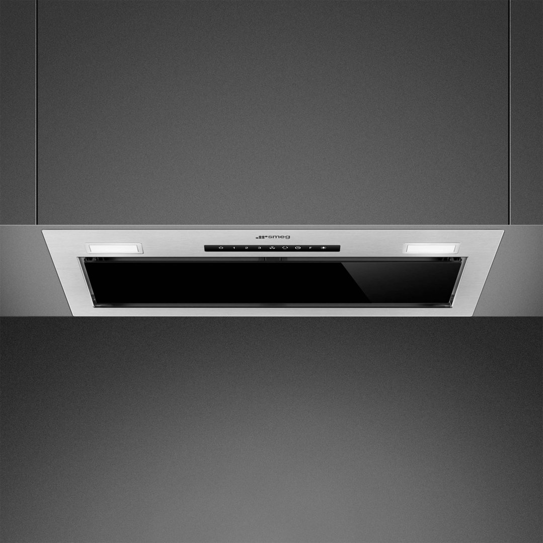 Smeg 60cm undermount rangehood with black glass panel and control buttons