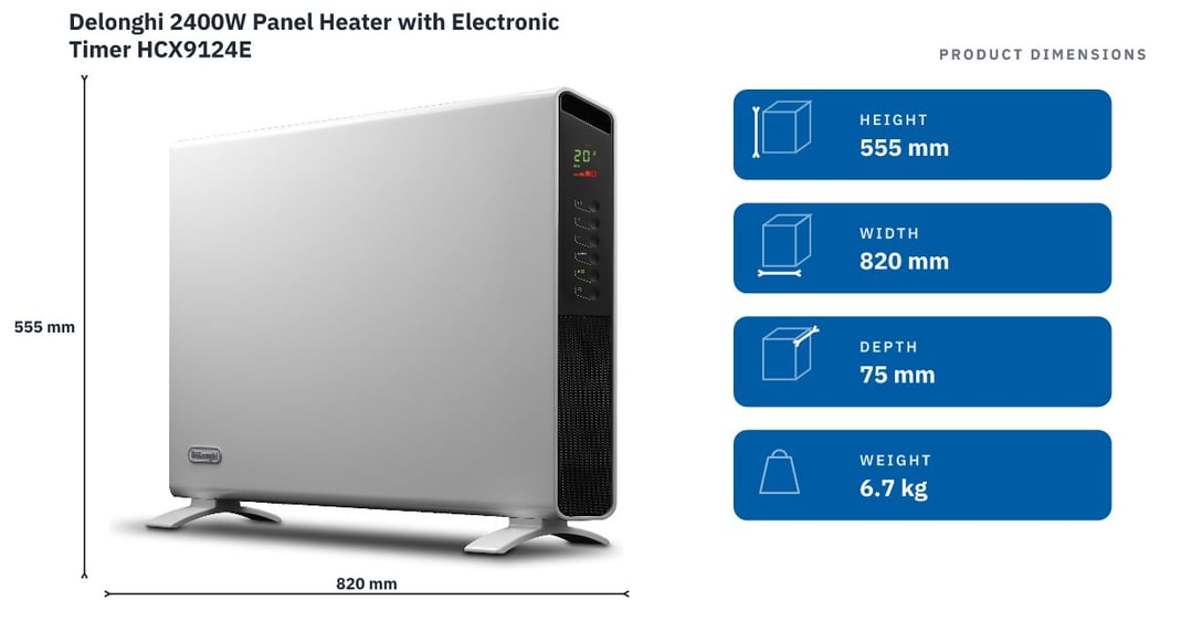Delonghi 2400W Panel Heater with Electronic Timer HCX9124E — product dimensions