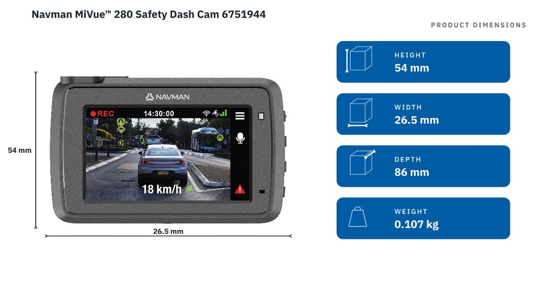 Navman MiVue™ 280 Safety Dash Cam 6751944 — product dimensions