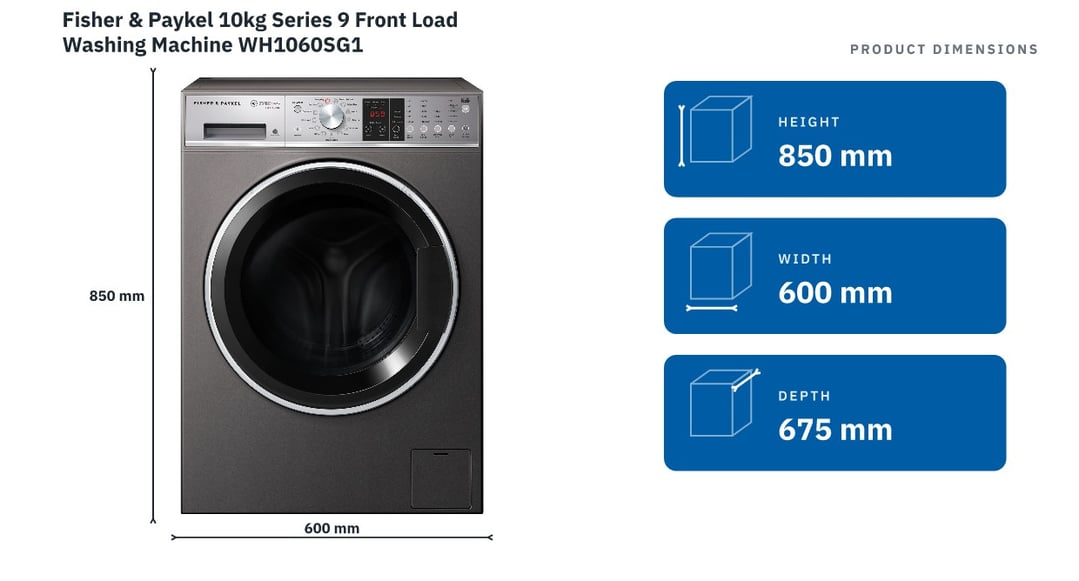 Fisher & Paykel 10kg Series 9 Front Load Washing Machine WH1060SG1 — product dimensions
