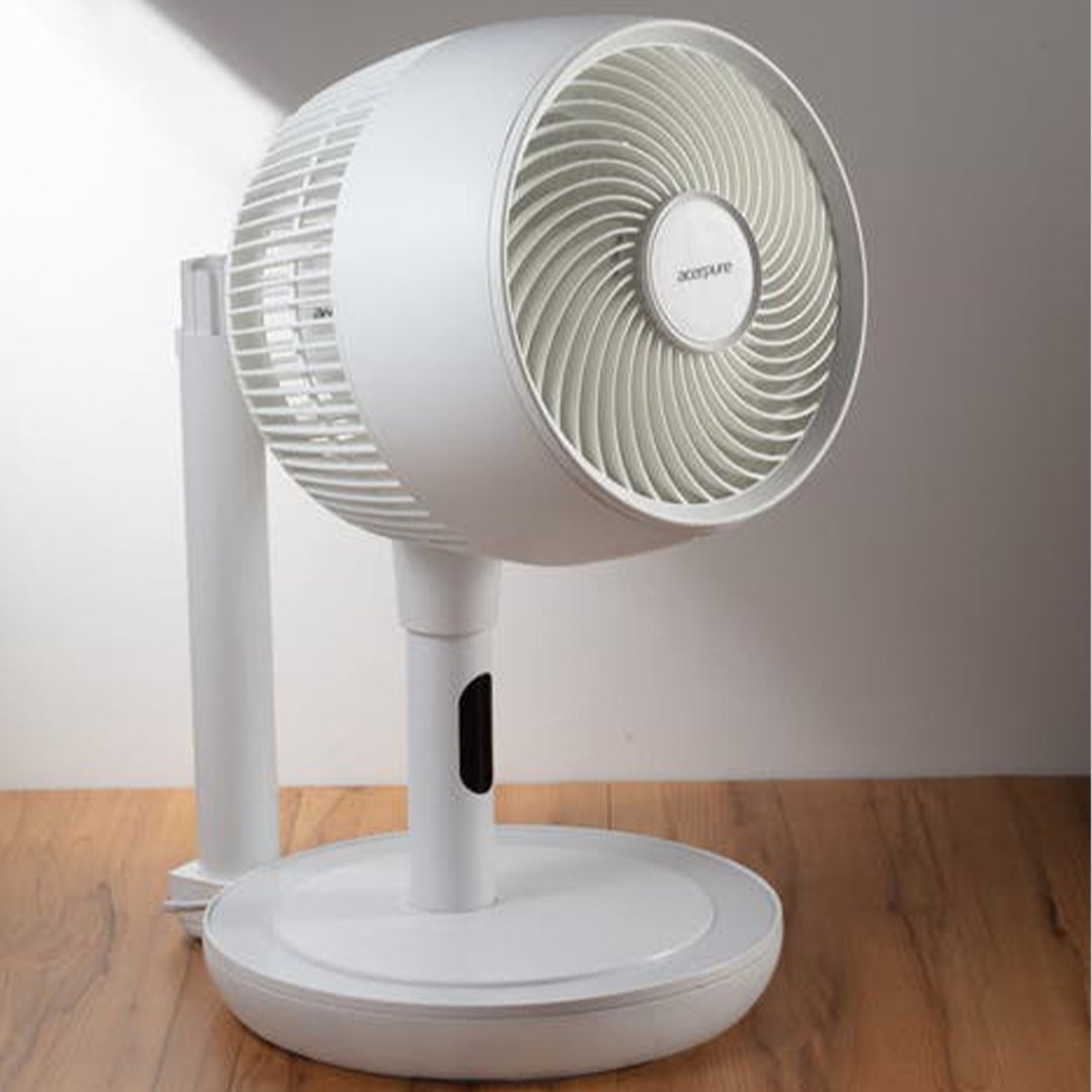 White ACERPURE COZY Air Circulator Fan on a wooden floor