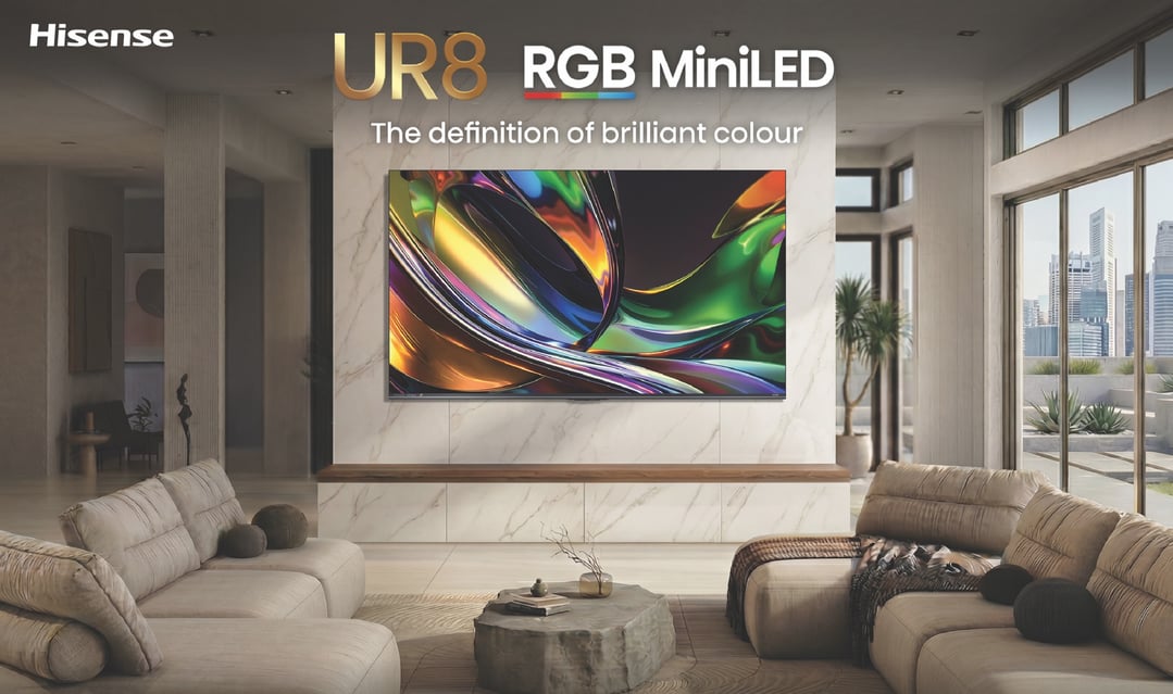 Hisense TV displaying colorful abstract art in a modern living room