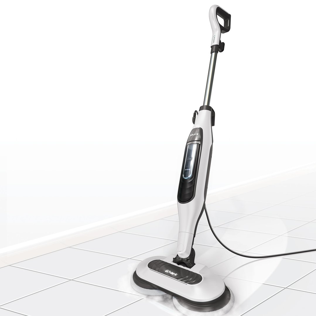 Shark Steam and Scrub Mop on a white tiled floor