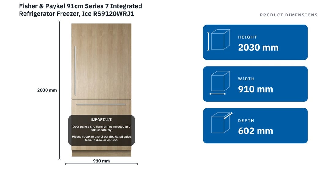 Fisher & Paykel 91cm Series 7 Integrated Refrigerator Freezer, Ice RS9120WRJ1 — product dimensions