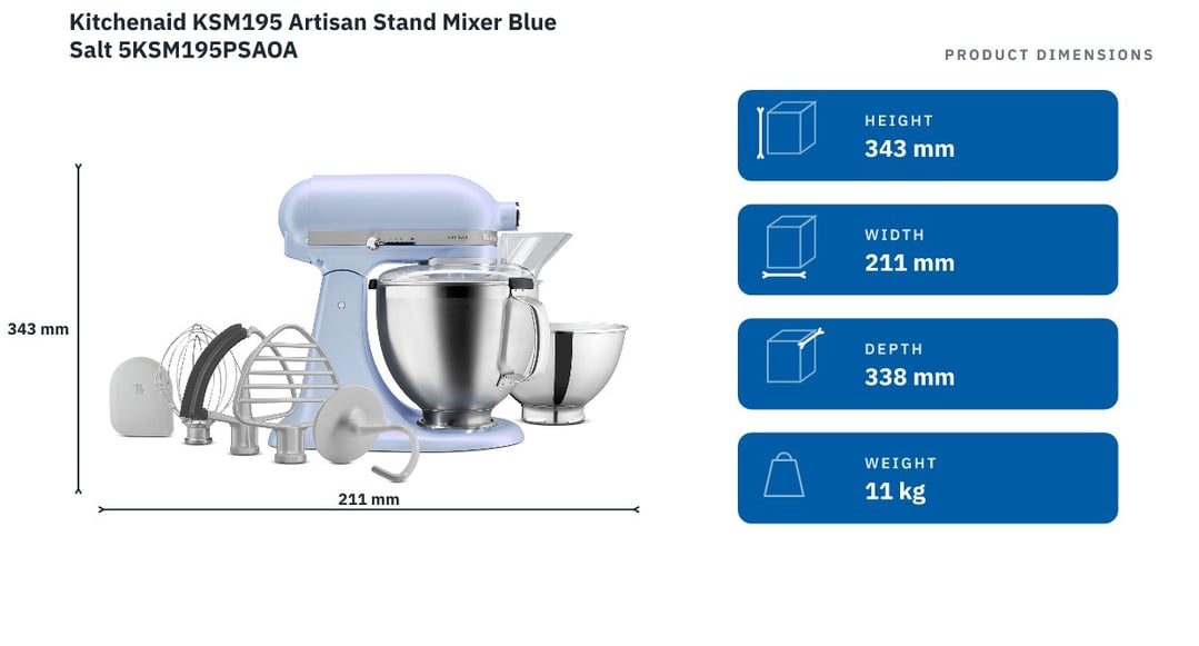 Kitchenaid KSM195 Artisan Stand Mixer Blue Salt 5KSM195PSAOA — product dimensions