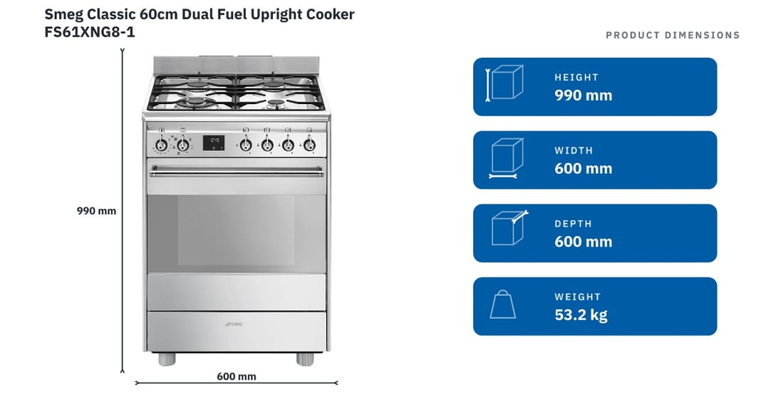 Smeg Classic 60cm Dual Fuel Upright Cooker FS61XNG8-1 — product dimensions