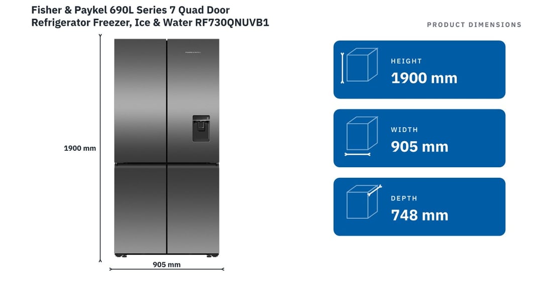Fisher & Paykel 690L Series 7 Quad Door Refrigerator Freezer, Ice & Water RF730QNUVB1