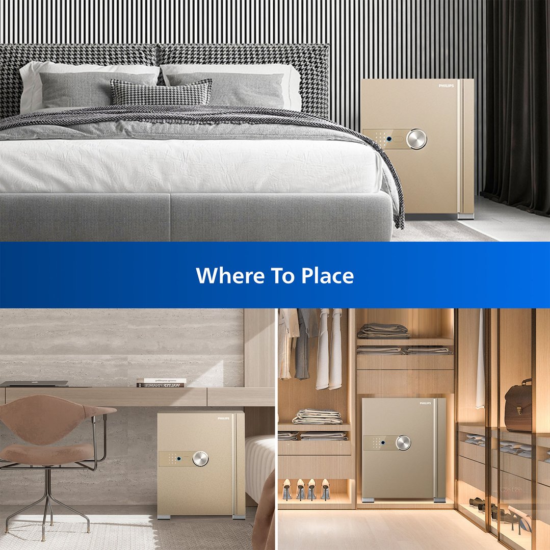 Gold smart safe in a bedroom, under a desk, and in a closet