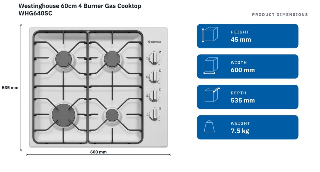 Westinghouse 60cm 4 Burner Gas Cooktop WHG640SC — product dimensions